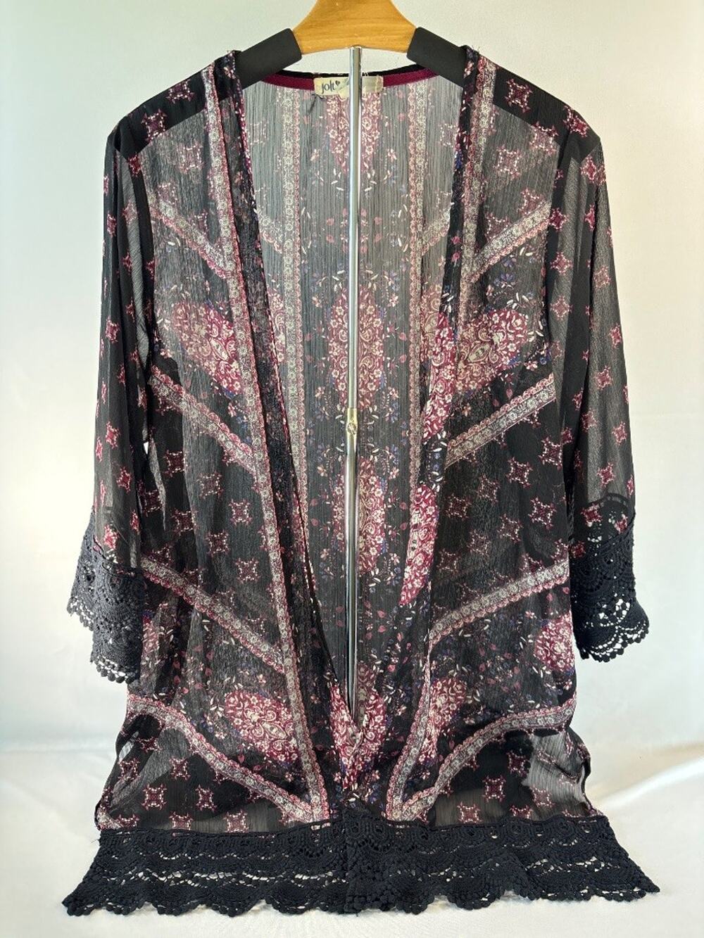Jolt Boho Floral Black Kimono Cardigan Crochet Lace Trim Size L